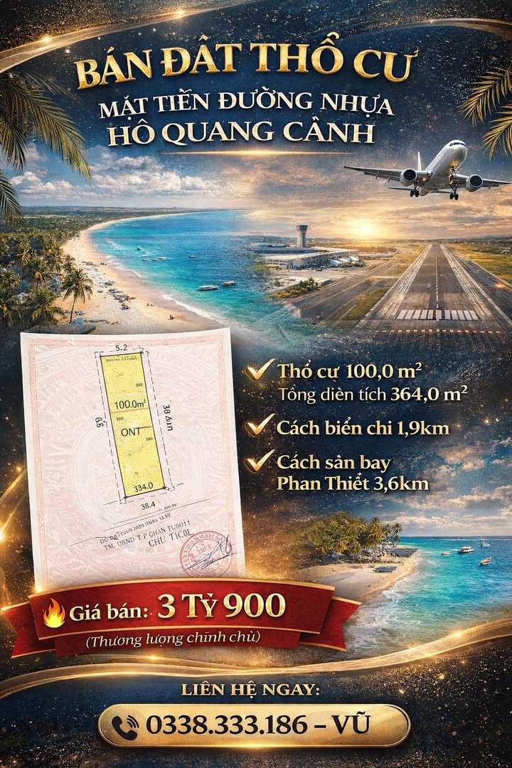 Đất thổ cư mặt tiền đường Hồ Quang Cảnh Phan Thiết 364m² giá 3.9 tỷ - Vị trí đắc địa, gần biển!