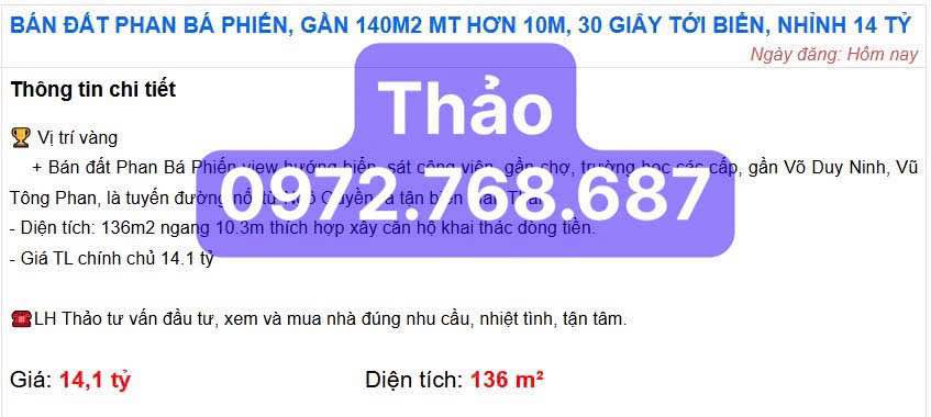 Đất nền Phan Bá Phiến 136m² giá 14.1 tỷ - Vị trí vàng hướng biển