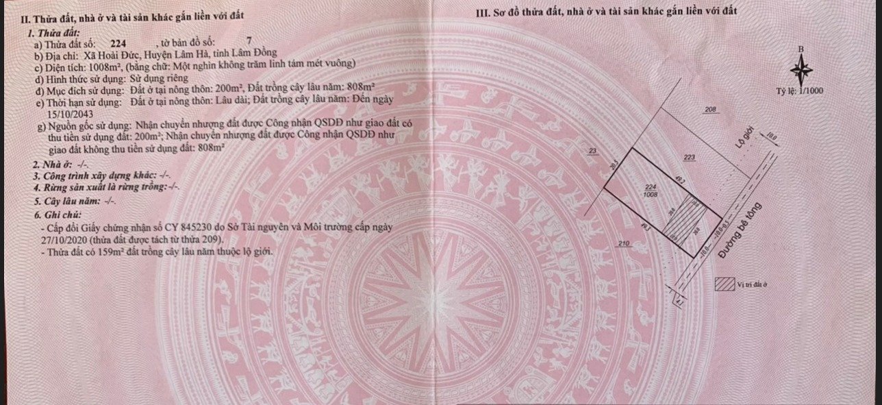 Đất thổ cư 1008m² xã Hoài Đức, Lâm Hà - Giá chỉ 2.2 tỷ, bán gấp!