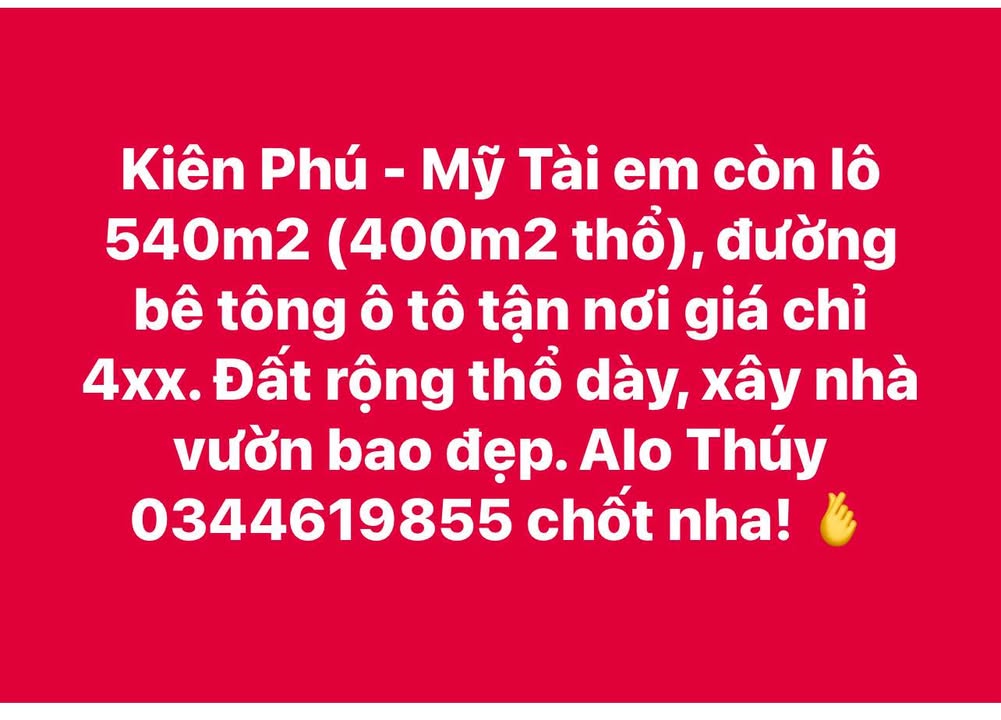 Đất nền Mỹ Tài, Phù Mỹ 540m² giá chỉ 4xx triệu - Sổ đỏ chính chủ, ô tô vào tận nơi!