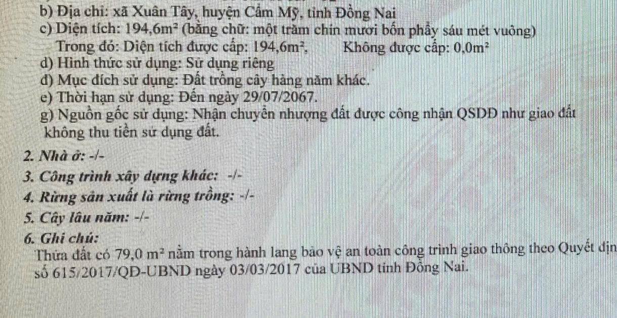 Đất nền xã Xuân Tây huyện Cẩm Mỹ 194m² giá 1.7 tỷ - Sổ hồng chính chủ