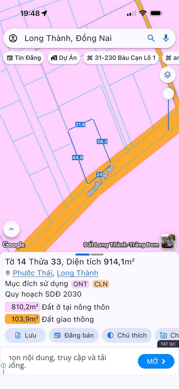 Đất nền Phước Thái Long Thành 1152m² giá 3.8 tỷ - Sổ đỏ chính chủ