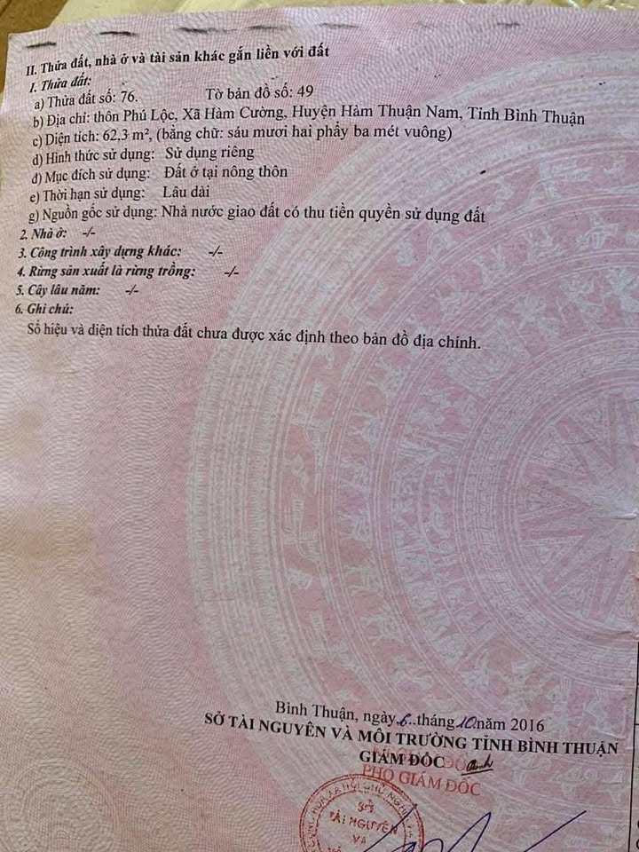 Đất thổ cư 62m² tại Quốc lộ 1A, xã Hàm Cường, giá 1.2 tỷ - Cơ hội đầu tư hấp dẫn!