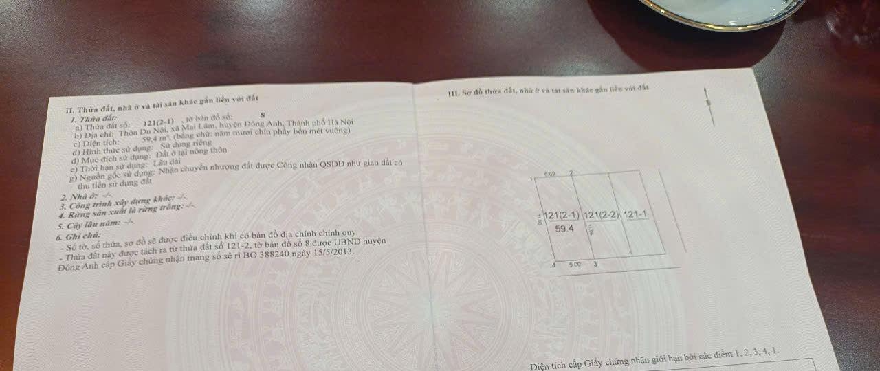 Đất nền Du Nội, Mai Lâm, Đông Anh 60m² giá 6 tỷ - Mặt tiền 5m, đường xe 7 chỗ tránh!