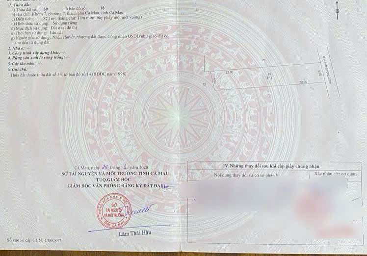 Đất thổ cư 87m² Phường 7, Cà Mau - Giá chỉ 800 triệu, sổ hồng riêng!