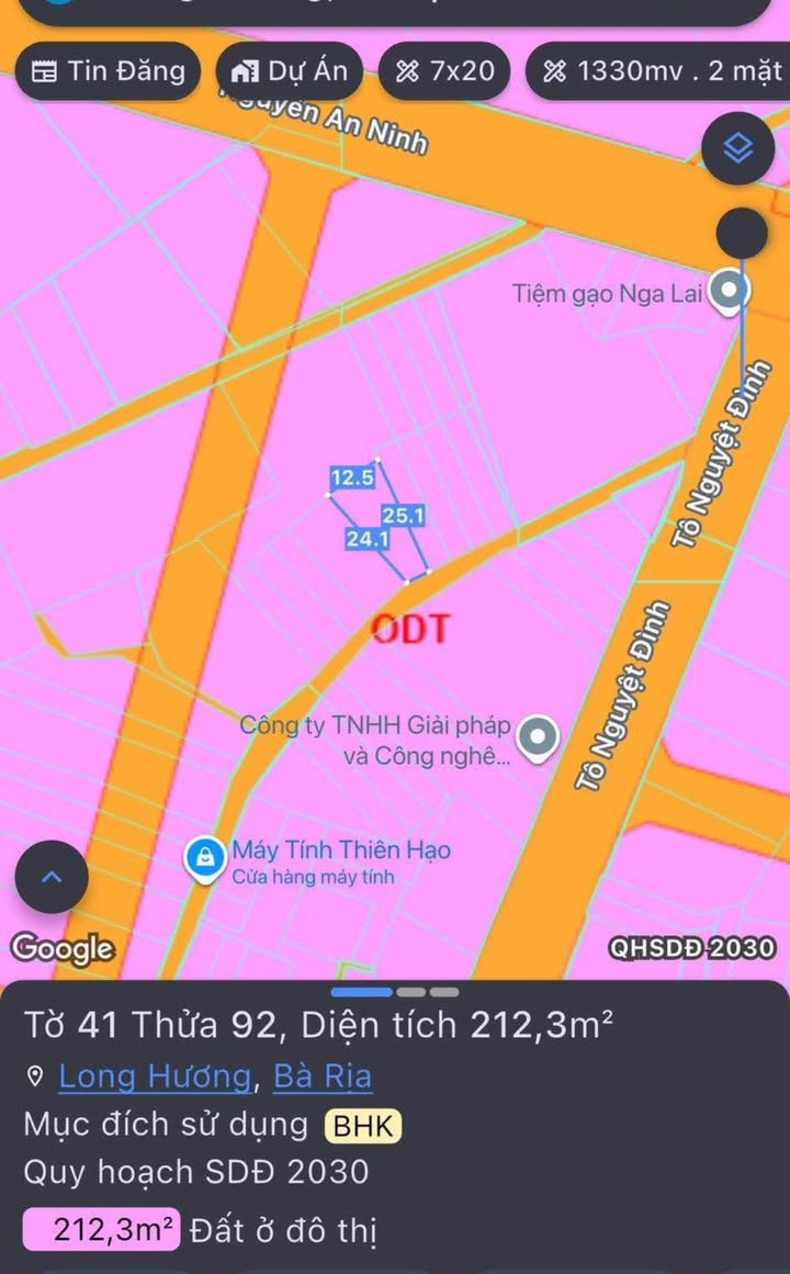 Đất nền Long Hương, TP Bà Rịa 212m² giá 2.5 tỷ - Cơ hội đầu tư tuyệt vời!