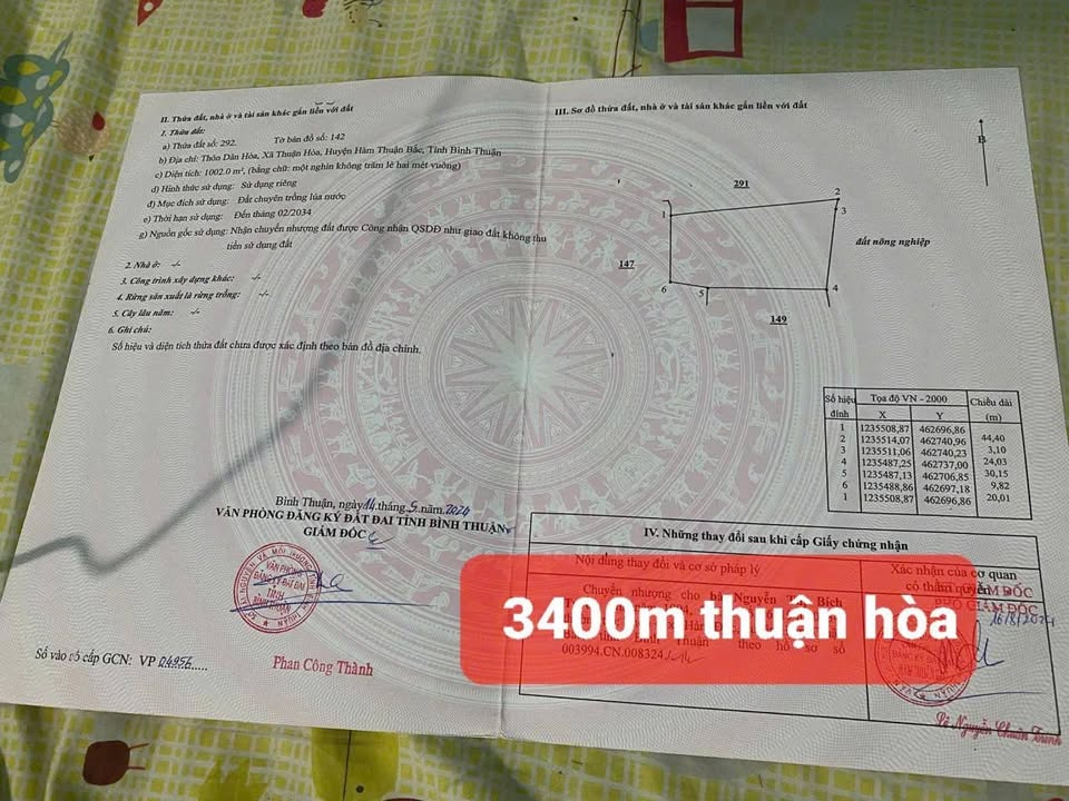 Đất lúa 3400m² Thôn Dân Hòa, xã Thuận Hòa - Giá chỉ 320 triệu VND!