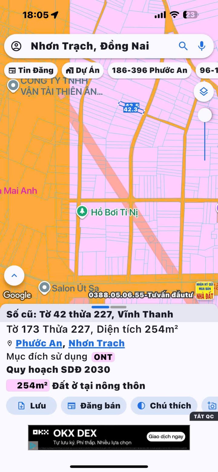 Đất thổ cư Vĩnh Thanh, Nhơn Trạch 254m² giá 4.57 tỷ - Sổ hồng chính chủ!