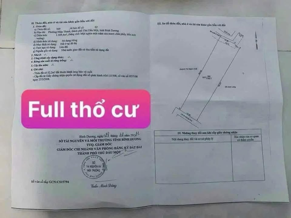Đất thổ cư Hiệp Thành, Thủ Dầu Một 1169m² giá 14.6 tỷ - Cơ hội đầu tư sinh lời!