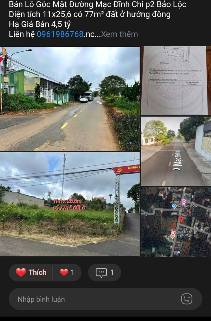 Đất nền góc Mạc Đĩnh Chi, Bảo Lộc 281m² giá 4.5 tỷ - Cơ hội đầu tư tuyệt vời!