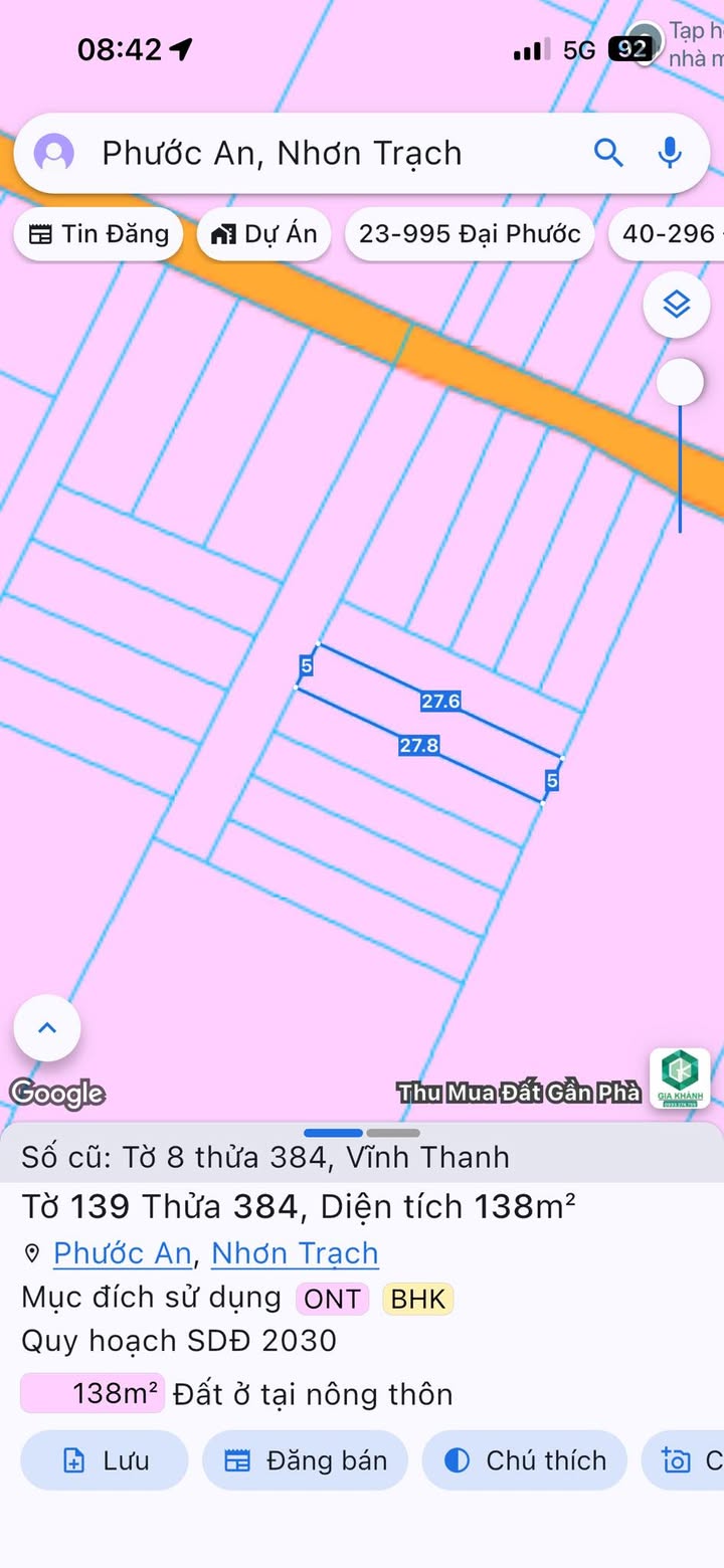 Đất nền Vĩnh Thanh Nhơn Trạch 138m² giá 2.35 tỷ - Đường Hùng Vương xe hơi vào tận nơi!