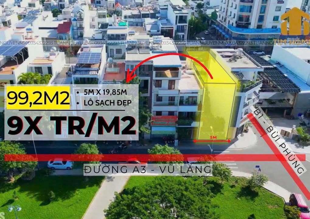 Đất nền đường A3 Vũ Lăng, Phước Hải 99.25m² giá 9.07 tỷ - Đối diện công viên, lô kề góc hiếm có!
