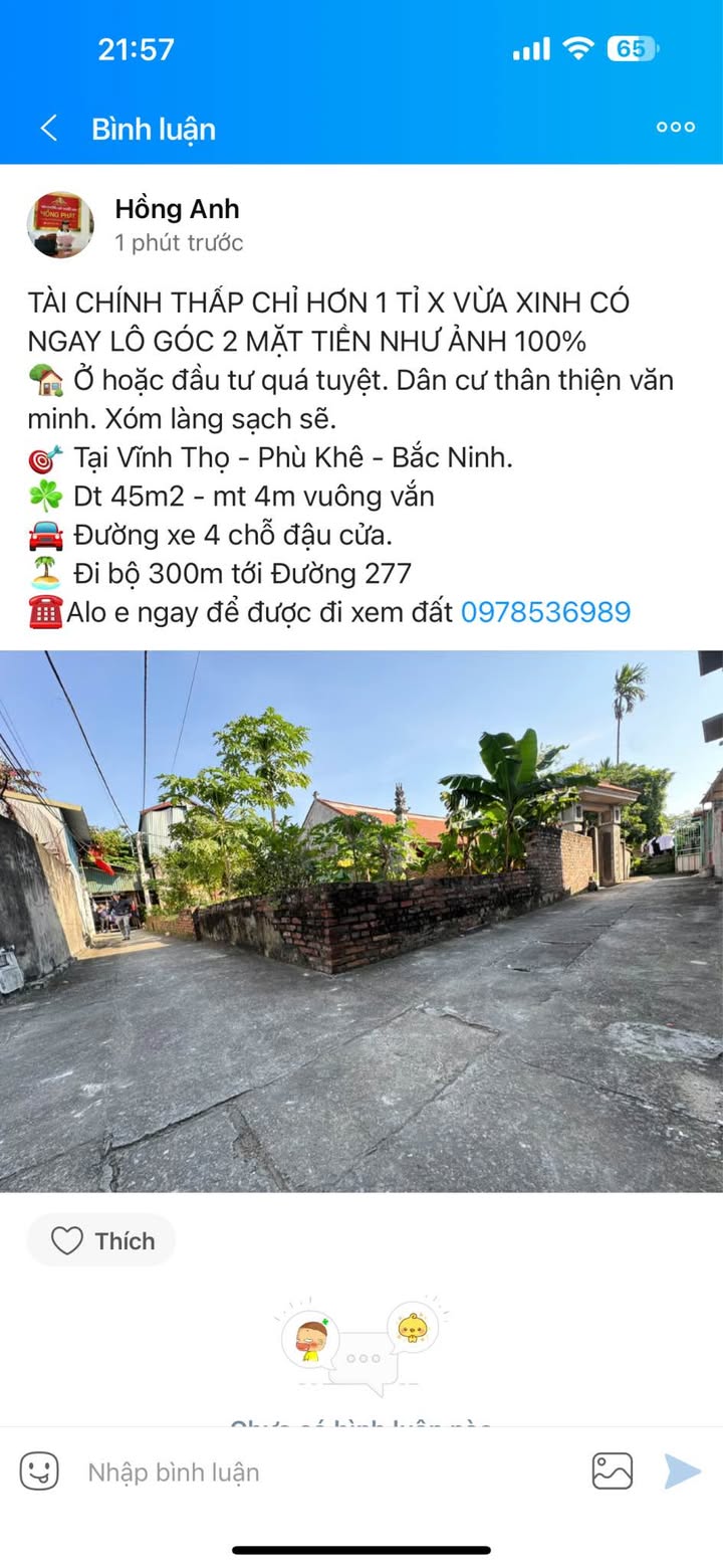 Đất nền góc 2 mặt tiền Phù Khê 45m² giá 1.1 tỷ - Đầu tư sinh lời tuyệt vời!