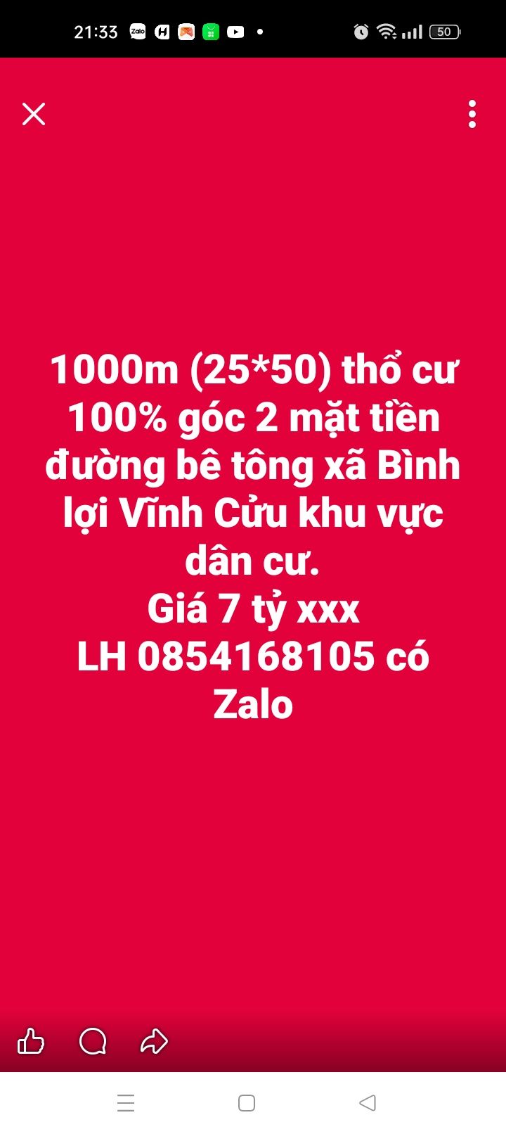 Đất thổ cư 100% 1000m² góc 2 mặt tiền đường bê tông xã Bình Lợi Vĩnh Cửu - Giá đầu tư chỉ 7 tỷ!