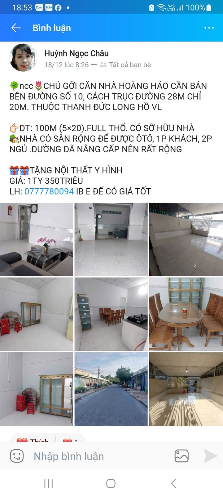 Nhà riêng Thanh Đức Long Hồ 100m² giá 1.35 tỷ - Sổ hồng chính chủ, tặng nội thất!