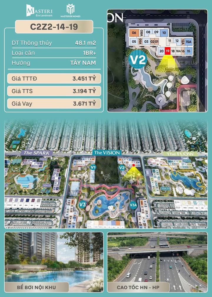 Căn hộ 1PN tại Masteri Era Landmark, Văn Giang, 48m² - Đầu tư sinh lời, giá chỉ từ 3.194 tỷ!