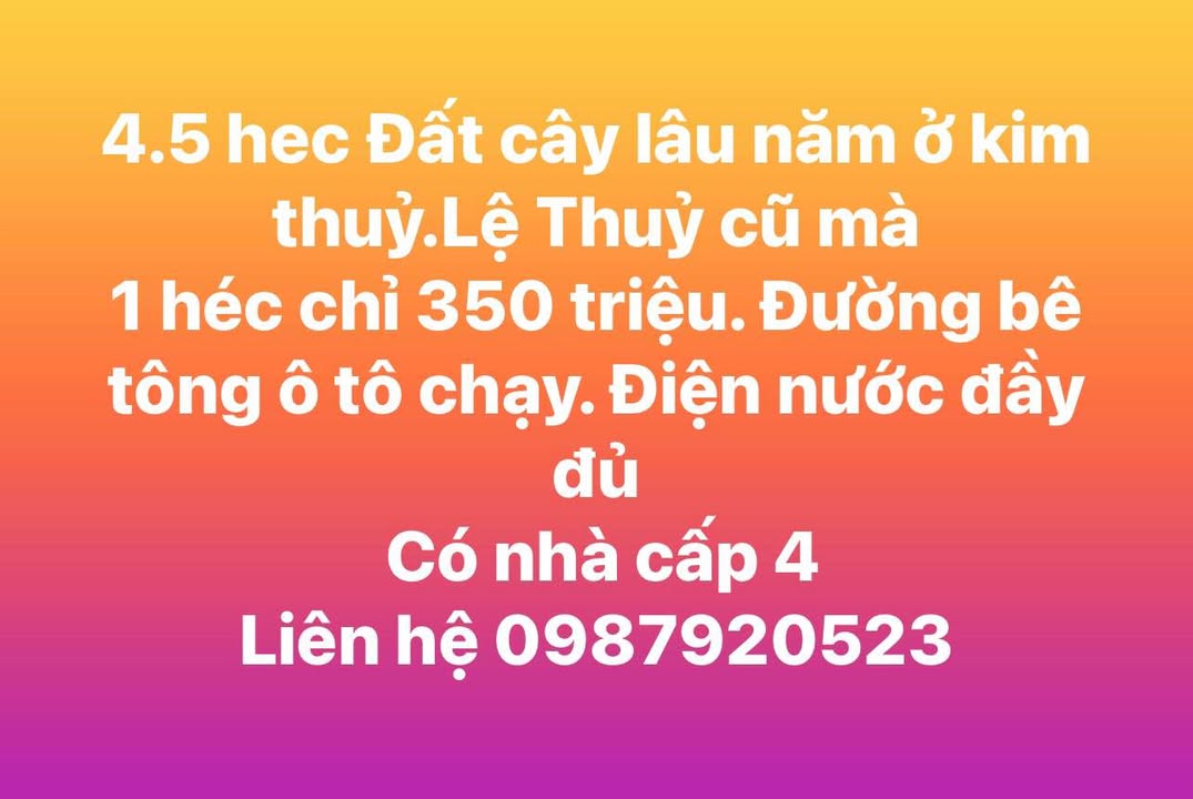 Đất cây lâu năm tại Kim Thủy, Lệ Thủy 4.5ha giá 1.575 tỷ - Cơ hội đầu tư tuyệt vời!
