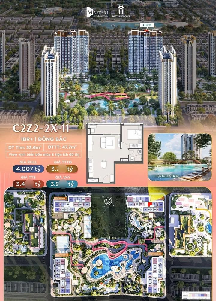 Căn hộ 1PN+ Masteri Era Landmark Hưng Yên 52m² giá 3.4 tỷ - View vịnh biển tuyệt đẹp!