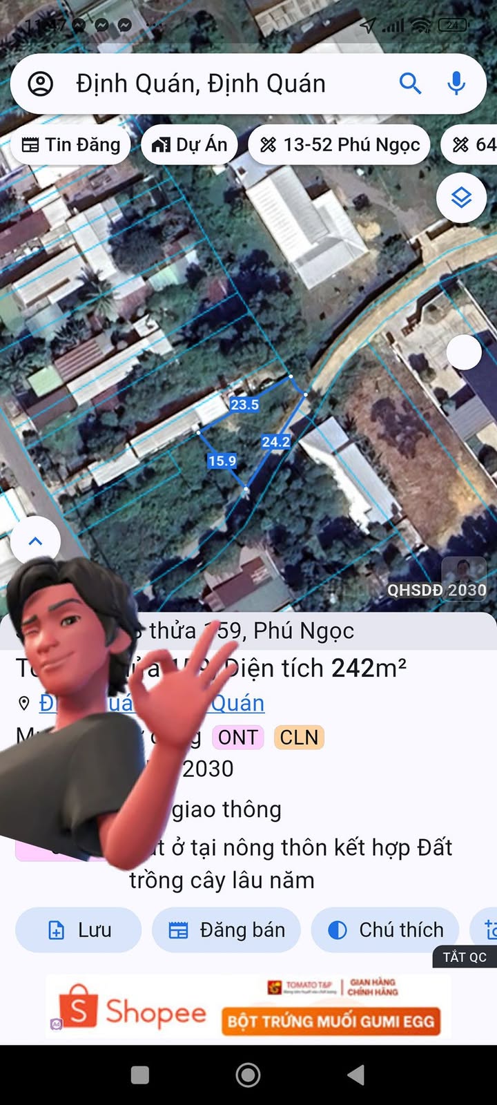 Đất thổ cư 242m² mặt tiền đường bê tông tại xã Phú Ngọc, Định Quán - Giá chỉ 750 triệu!