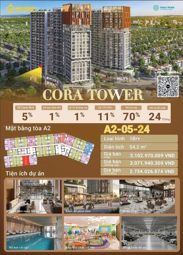 Căn hộ 1PN Cora Tower Đà Nẵng 54m² giá chỉ 2.7 tỷ - Tầng thấp, view mát mẻ!