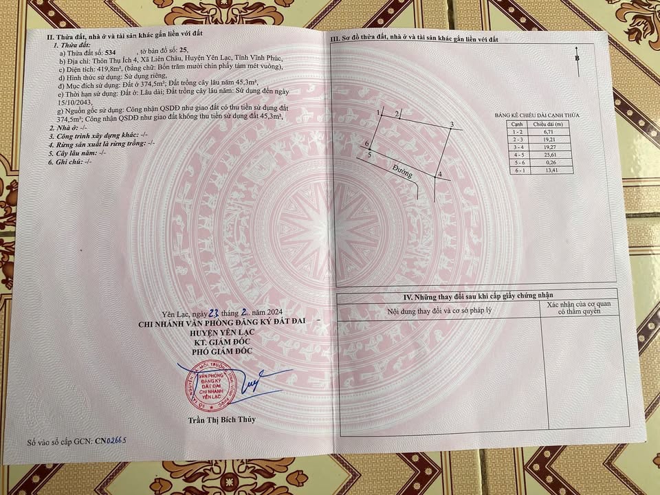 Đất thổ cư Liên Châu, Yên Lạc 420m² giá 3.36 tỷ - Sẵn tách thửa, thuận tiện xây dựng!