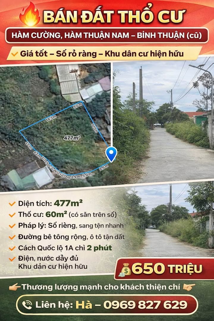 Bán đất thổ cư xã Hàm Cường, huyện Hàm Thuận Nam, 477m² giá 650 triệu - Đầu tư sinh lời ngay!
