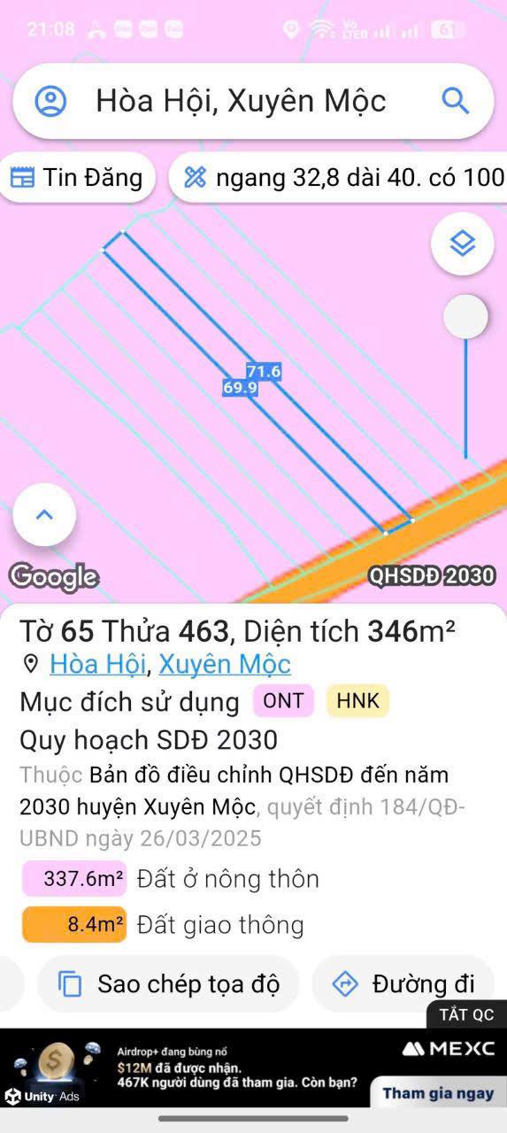 Đất Hòa Hội Xuyên Mộc 700m² giá 1.25 tỷ - Sổ đỏ chính chủ