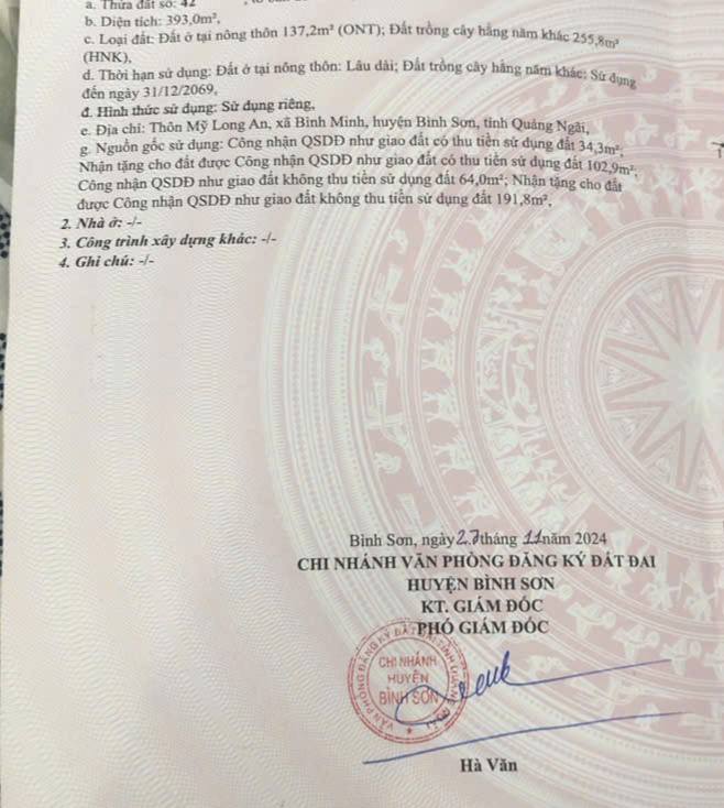 Đất thổ cư Thôn Mỹ Long An, Bình Minh 400m² giá chỉ 400 triệu - Cơ hội đầu tư tuyệt vời!