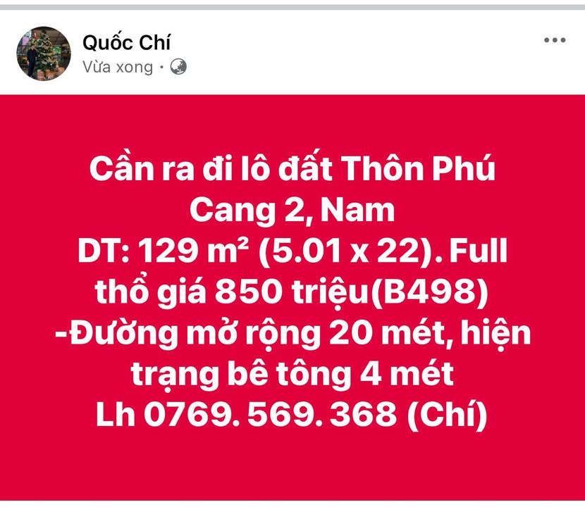 Đất thổ cư Vạn Phú, Khánh Hòa 129m² giá 850 triệu - Đường rộng 20m