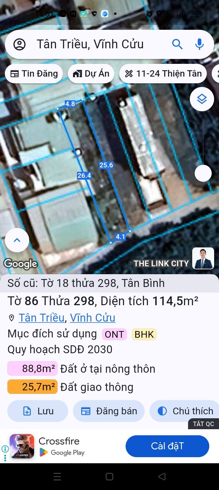 Đất thổ cư 115m² xã Tân Bình Vĩnh Cửu giá 1.38 tỷ - Sổ đỏ chính chủ, bán gấp!