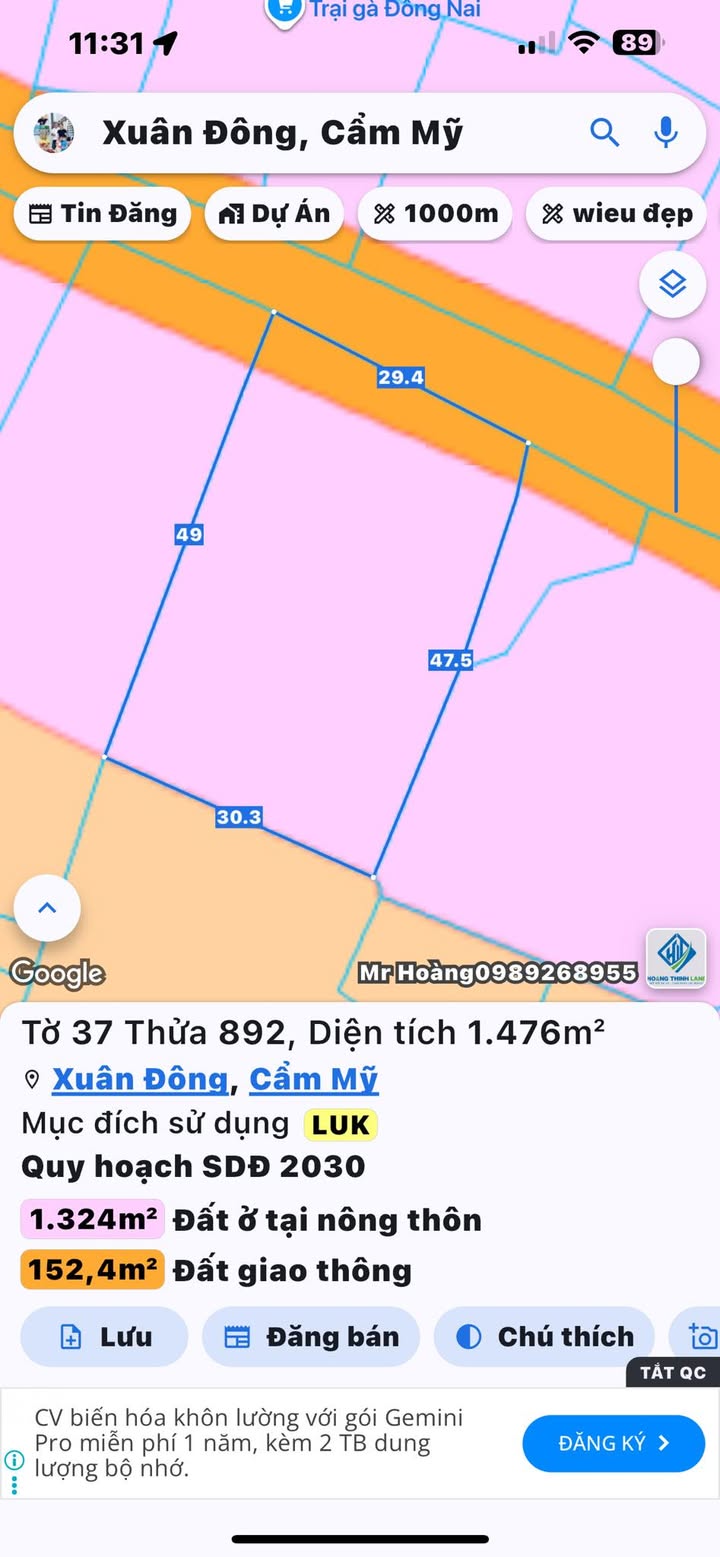 Đất nền Xuân Đông Cẩm Mỹ 1421m² giá 1xx tỷ - Mặt tiền đường bê tông thuận lợi!