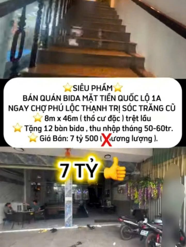 Quán bida mặt tiền Quốc lộ 1A, Thạnh Trị, Sóc Trăng 368m² giá 7 tỷ - Kinh doanh sầm uất!