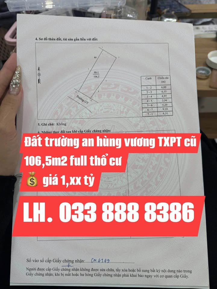 Đất thổ cư Phường Hùng Vương TX Phú Thọ 106,5m² giá 1,2 tỷ - Cơ hội đầu tư tuyệt vời!