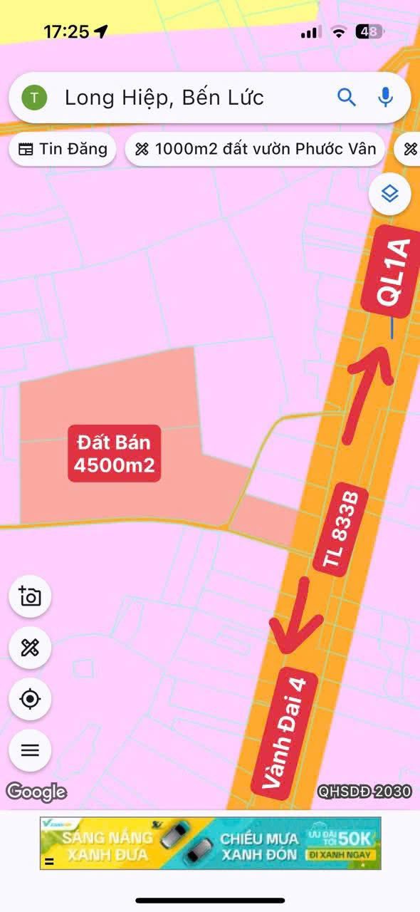 Đất Lúa mặt tiền đường 833B, Long Hiệp, Bến Lức 4500m² giá chỉ 18 tỷ - Tiềm năng đầu tư lớn!