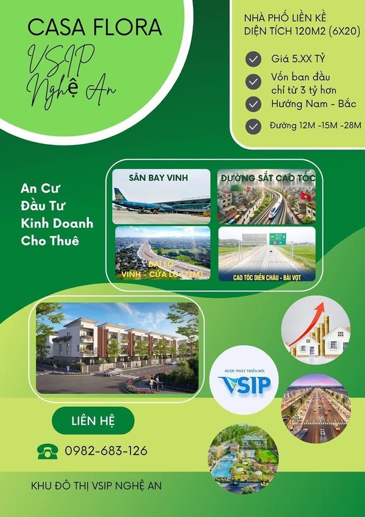 Căn nhà phố liền kề VSIP Nghệ An 120m² giá 5.5 tỷ - Tiềm năng đầu tư cao!