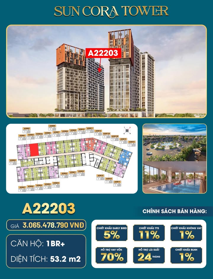 Căn hộ Cora Tower Đà Nẵng 53.2m² giá 3.065 tỷ - Tầng cao view thoáng