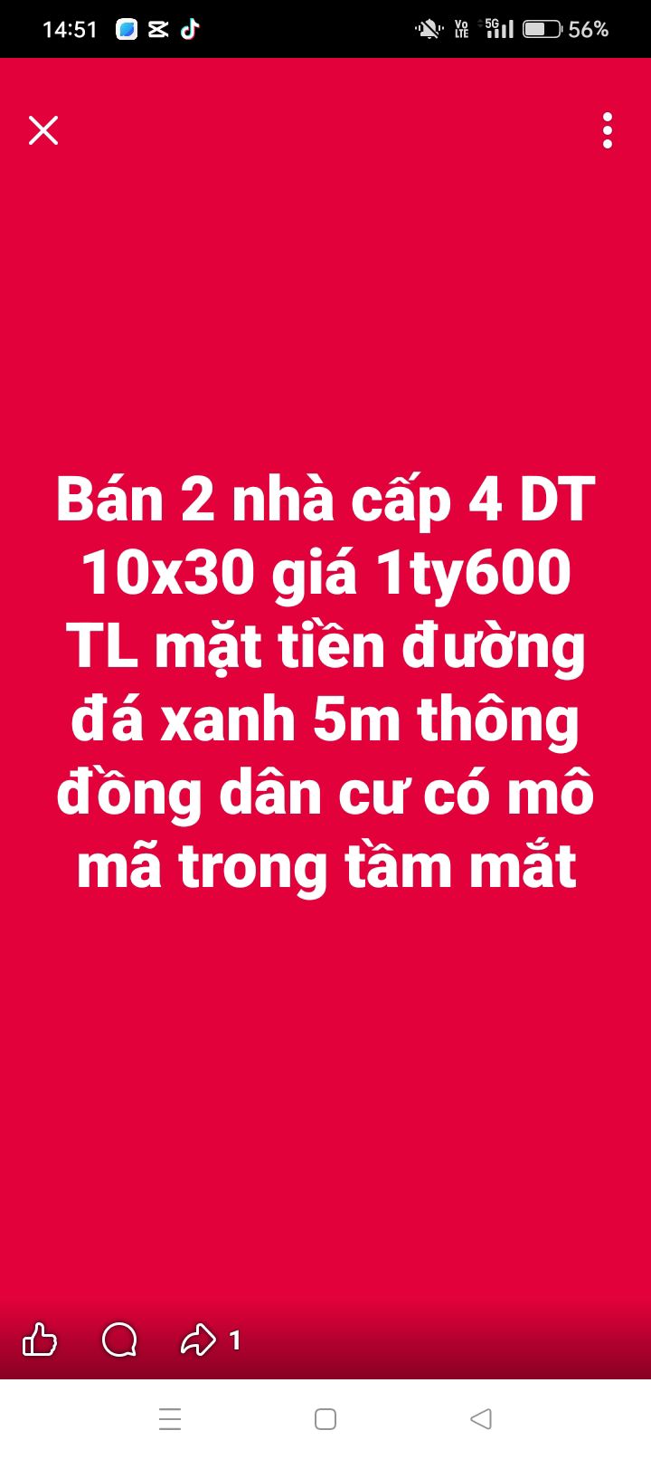 Nhà cấp 4 tại Đức Hòa, Long An 300m² giá 1.6 tỷ - Mặt tiền đường Đá Xanh