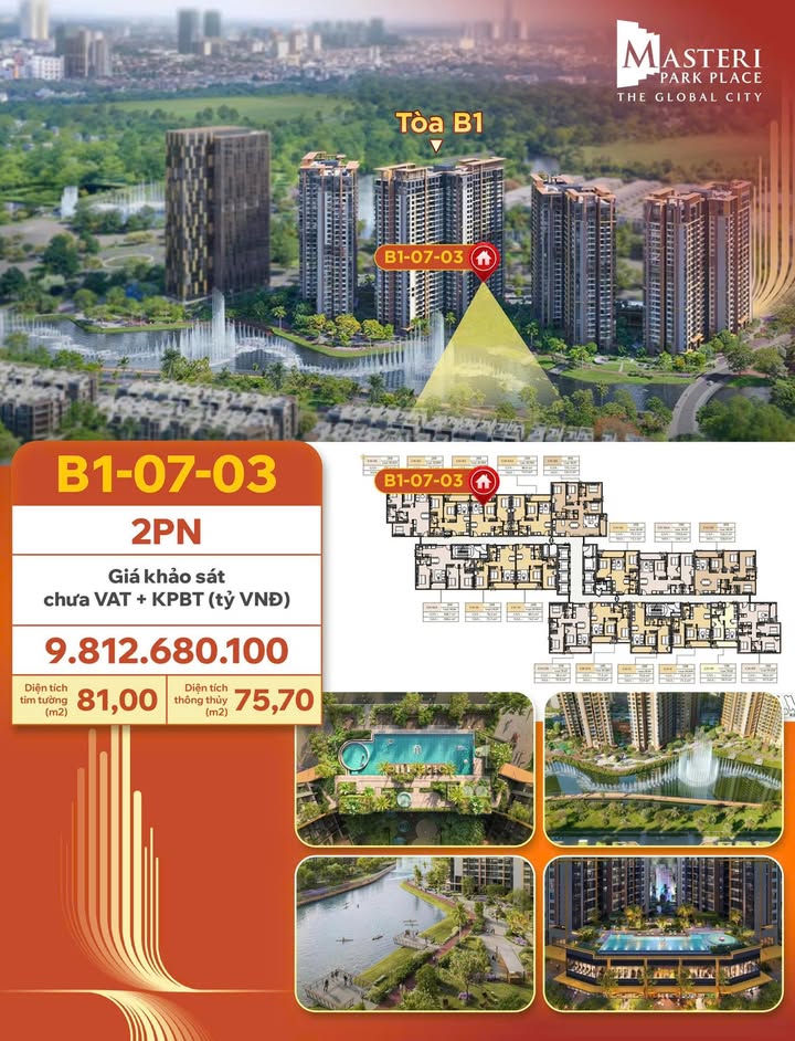 Căn hộ Masteri Park Place quận 2 75.7m² giá 9.81 tỷ - Không gian sống đẳng cấp giữa Downtown!