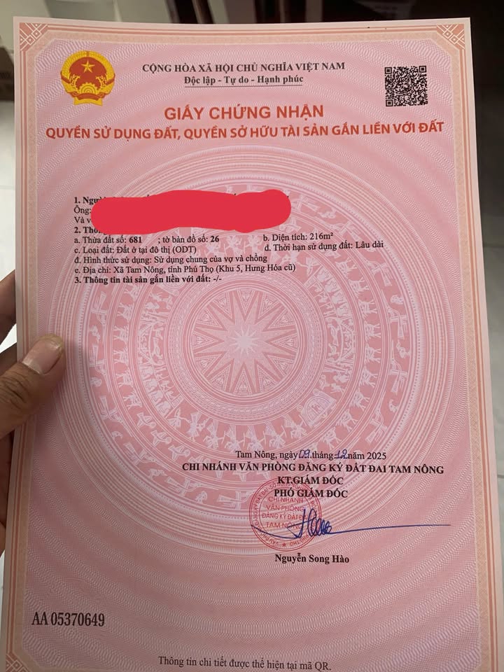 Đất thổ cư 216m² tại Tam Nông, Phú Thọ - Giá chỉ 2.1 tỷ, vị trí đắc địa!