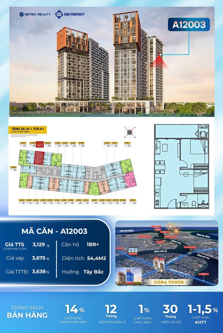 Căn hộ Cora Tower Đà Nẵng 54m² giá 3.129 tỷ - View đẹp, đầu tư sinh lời!