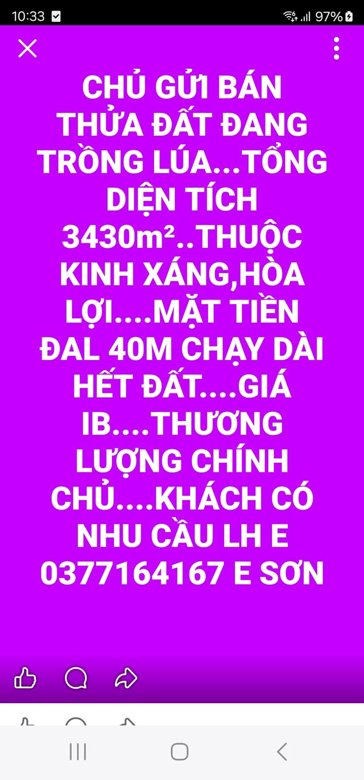 Đất thổ cư Hòa Lợi, Thạnh Phú 3430m² - Mặt tiền 40m, giá thương lượng chính chủ!