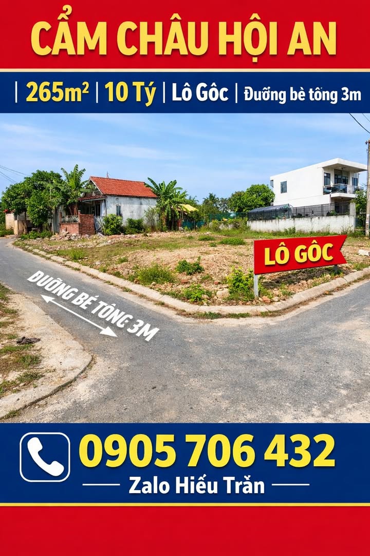 Đất lô góc Cẩm Châu Hội An 265m² giá 10 tỷ - Đầu tư tuyệt vời tại trung tâm!