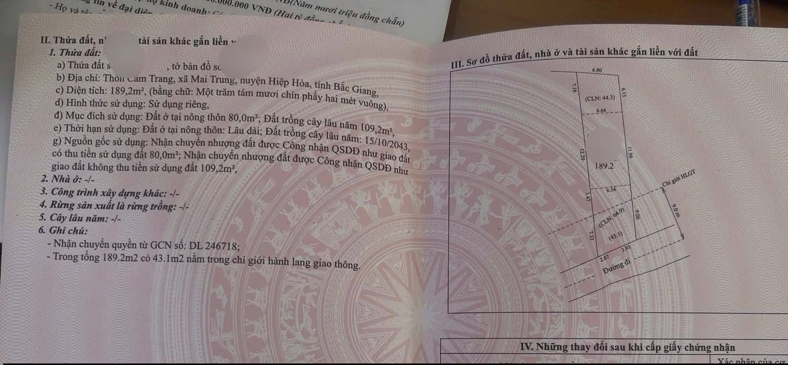 Đất thổ cư 189,2m² tại Mai Trung, Hiệp Hòa - Giá tốt, pháp lý rõ ràng!