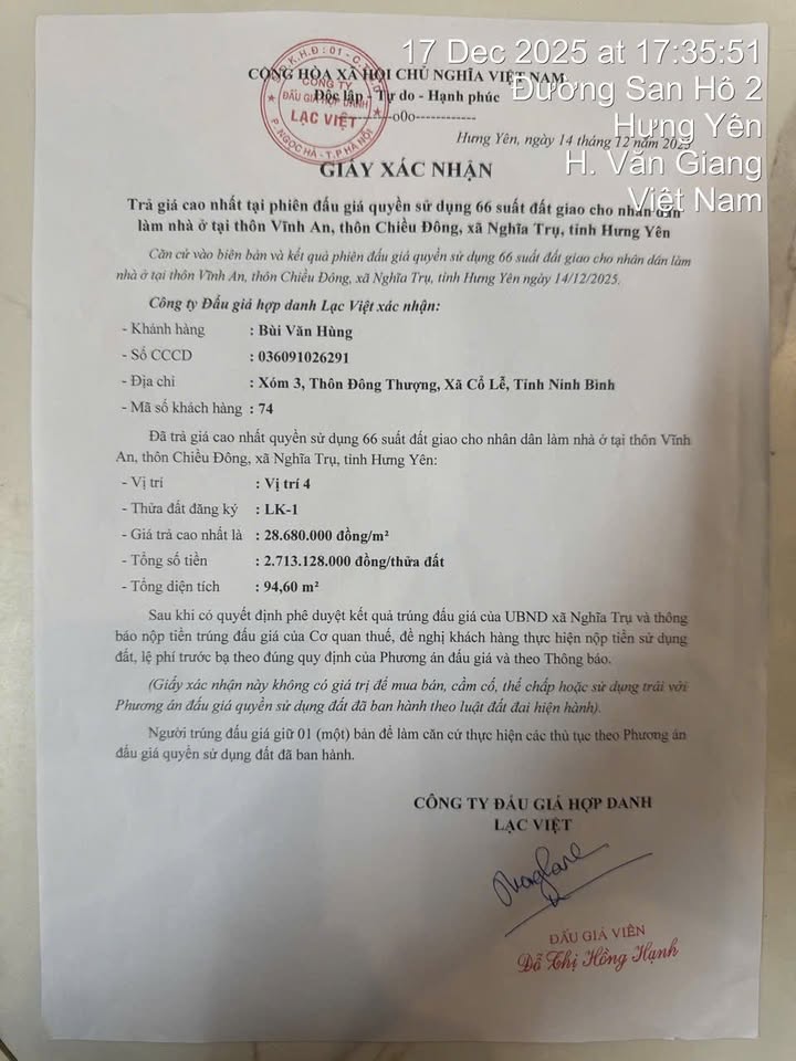 Đất đấu giá Thôn Chiều Đông, Hưng Yên 94.6m² - Giá chỉ 4 triệu/m²!