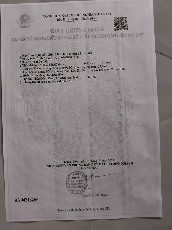 Lô đất thổ cư 60m² tại Diên Khánh giá 900 triệu - Cơ hội đầu tư tuyệt vời!