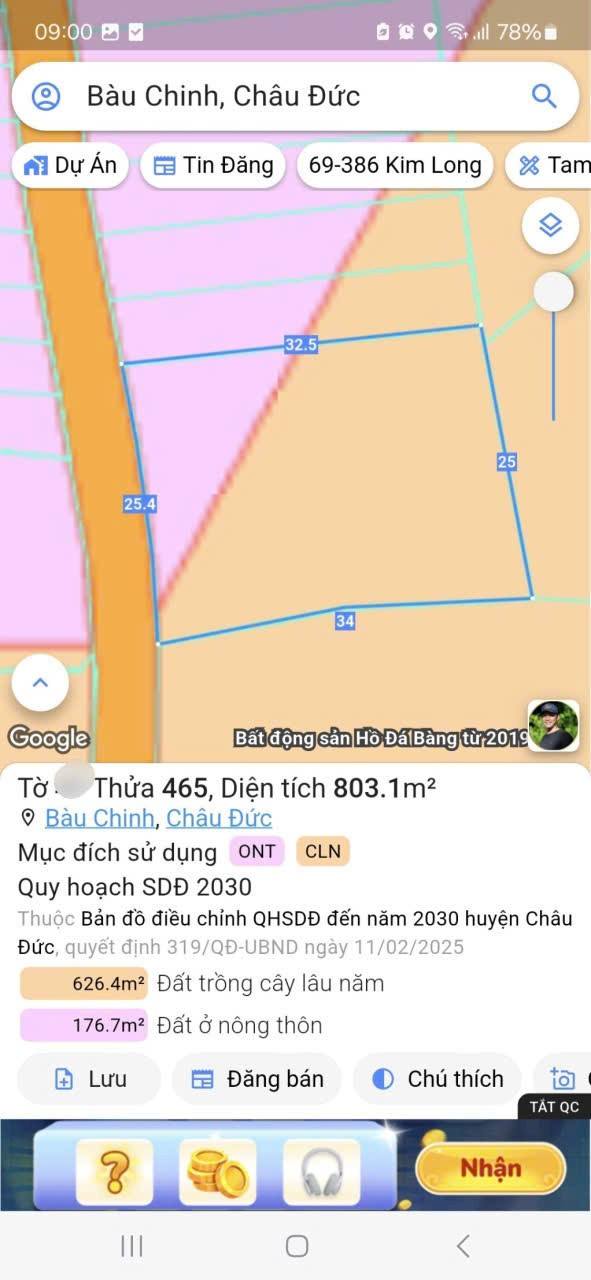 Đất nền Bàu Chinh, Châu Đức 800m² giá 1.95 tỷ - Vị trí đẹp, pháp lý rõ ràng!