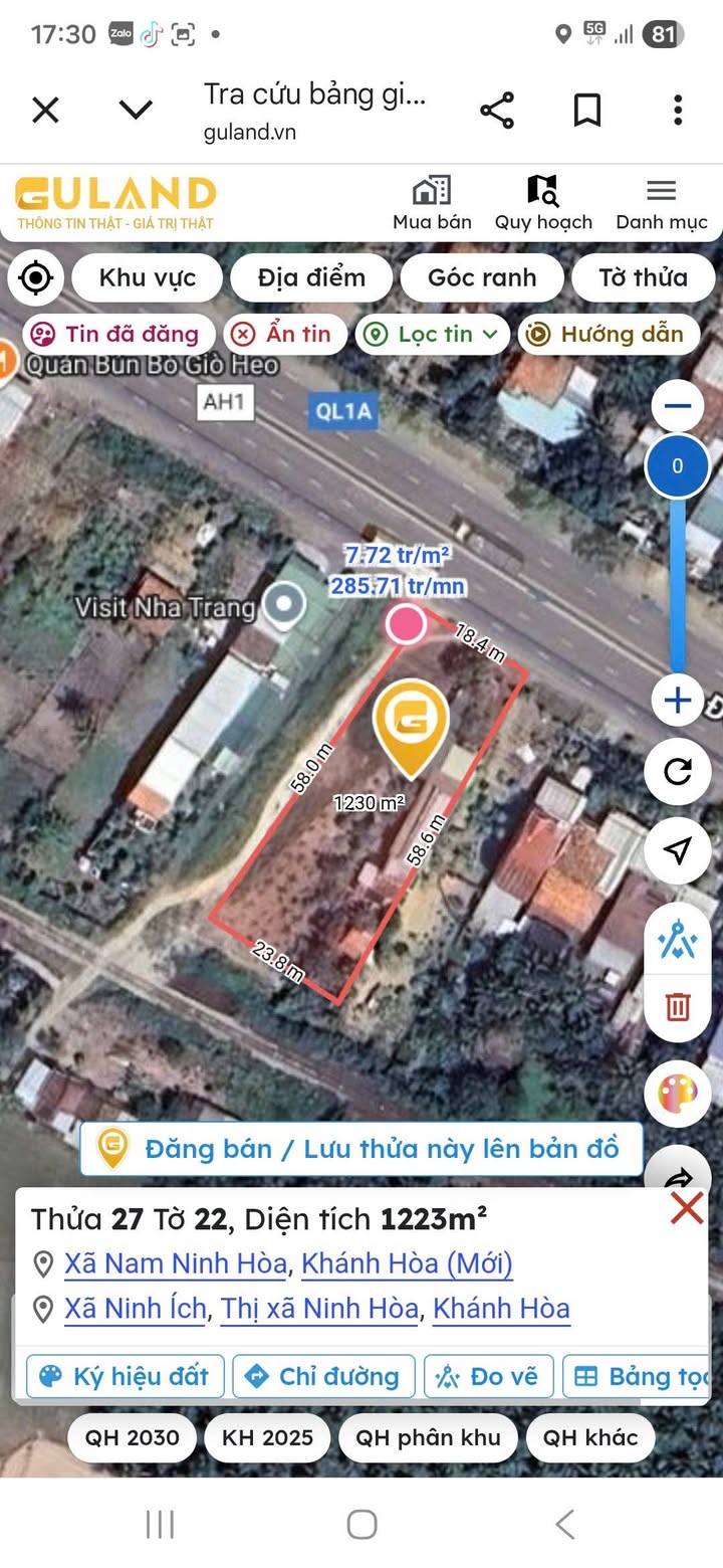 Đất mặt tiền Quốc lộ 1A, Ninh Hòa 1206m² giá 8 tỷ - Đầu tư sinh lời ngay!