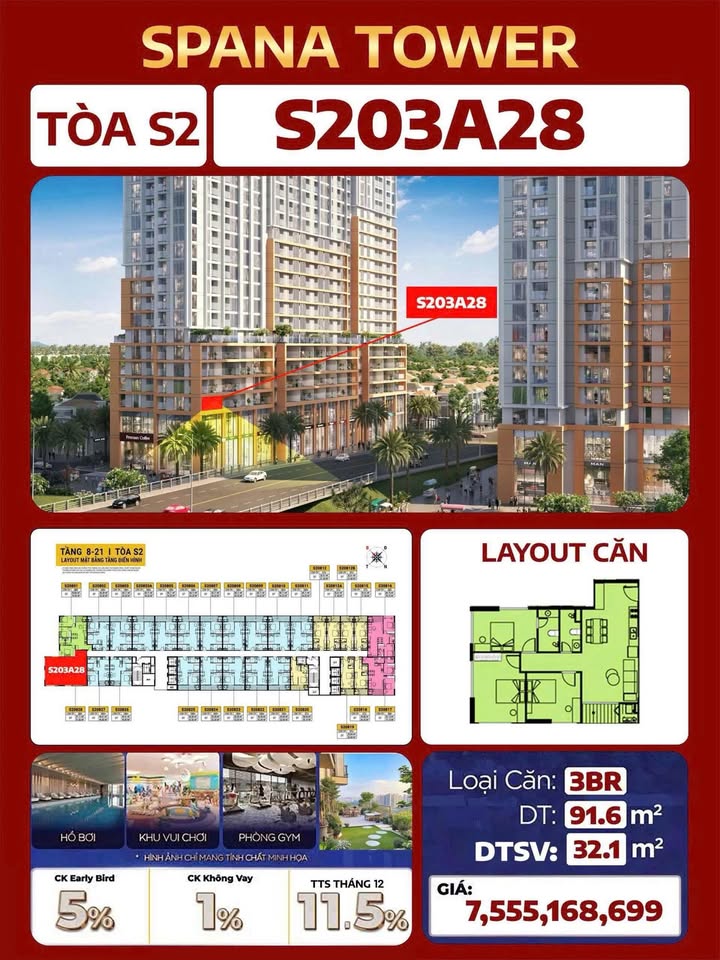 Căn hộ SPANA TOWER Đà Nẵng 92m² giá 7.555 tỷ - Căn góc đẳng cấp, view sông trực diện!