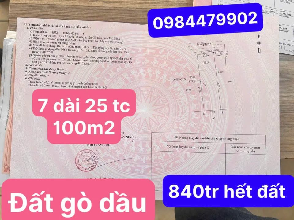 Đất nền Phước Thạnh Gò Dầu 175m² giá 840 triệu - Sổ đỏ chính chủ, gần trung tâm!