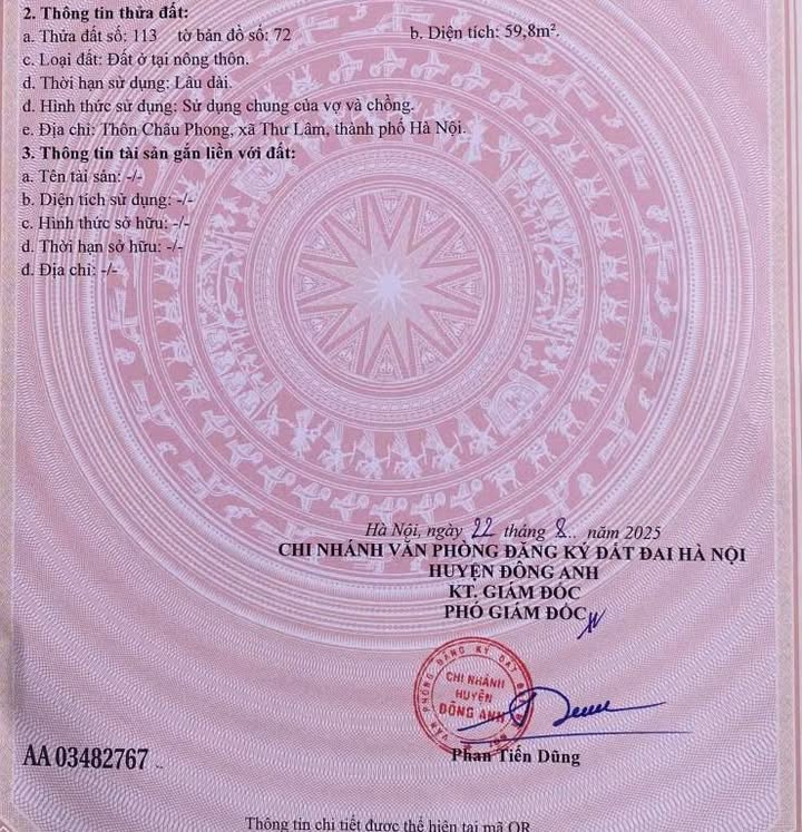 Đất thổ cư 59m² tại xã Thư Lâm, Đông Anh - Sổ đỏ chính chủ, giá chỉ 5x/m²!